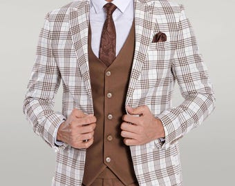 Bruin slim-fit kostuum: driedelig trouwpak met revers