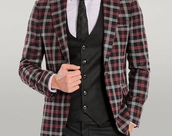 Bordeauxrood geruit herenkostuum: slim fit 3-delig trouwkostuum