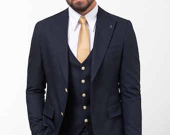 Dunkelblauer 3-teiliger Slim-Fit-Herrenanzug mit zwei Knöpfen für Hochzeit, Bräutigam, Partykleidung, Mantelhose, dunkelblauer Ballanzug, blauer Slim-Fit-Partyanzug für Herren