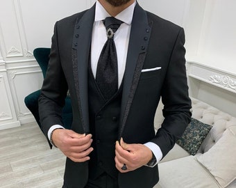 Black Suits Men 3 Piece Slim Fit One Button Wedding Groom Party Wear Coat Pant Peak Lapel Black Slim Fit Glitter Peak Lapel Wedding Suit Etsy Canada