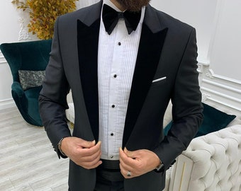 Men Black Suits ~ Wedding Suit ~ 3 Piece Suits ~ Prom Suits, One Button Cummerbund Tuxedo, Black Slim Fit Peak Lapel Cummerbund Tuxedo