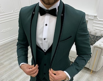 Men Suits ~ Wedding Suit ~ 3 Piece Suits ~ Prom Suits, Slim fit Shawl Lapel one Button Tuxedo, Green Slim Fit Shawl Lapel Tuxedo