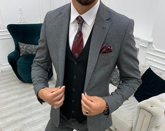 Grey Slim Fit 3-Piece Suit: Two-Button Wedding Groom Attire