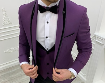 Men Suits ~ Wedding Suit ~ 3 Piece Suits ~ Prom Suits, Slim fit Shawl Lapel one Button Tuxedo, Purple Slim Fit Shawl Lapel Tuxedo