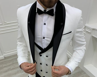 White & Black Shawl Lapel Suit: Slim Fit 3-Piece Wedding Tuxedo