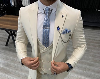 Men Suits Cream 3 Piece Slim Fit Two 