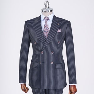 Men Suits Navy Blue 2 Piece Slim Fit Wedding Groom Party Wear Coat Pant Pinstripe Suit