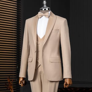 Men Beige 3 Piece Slim Fit One Button Suit Wedding Groom Party Wear Coat Pant, Men Tuxedo Suit, Men&#39;s Beige Prom Slim Fit Tuxedo