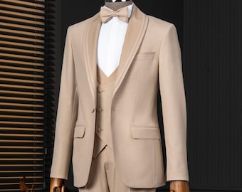 Costume slim beige : smoking de mariage italien - Tenues de bal de promo