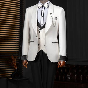 Men Suits Off-White 3 Piece Slim Fit One Button Wedding Groom Party Wear Coat Pant, Off-White Men Prom Suit, Ecru Slim Fit Tuxedo