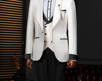 Costume slim blanc cassé : smoking de mariage 3 pièces, revers châle
