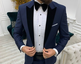 Men Navy Suits ~ Wedding Suit ~ 3 Piece Suits ~ Prom Suits, One Button Cummerbund Tuxedo, Navy Blue Slim Fit Peak Lapel Cummerbund Tuxedo