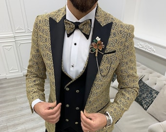 Golden Suits Gold 3 Piece Slim Fit One Button Wedding Groom Party Wear Coat Pant, Golden Suit, Men Gold Suit, Golden Slim Fit Groom Suit