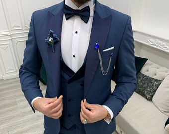 Light Blue Slim Fit Tuxedo: Men's 3 Piece Suit, Peak Lapel