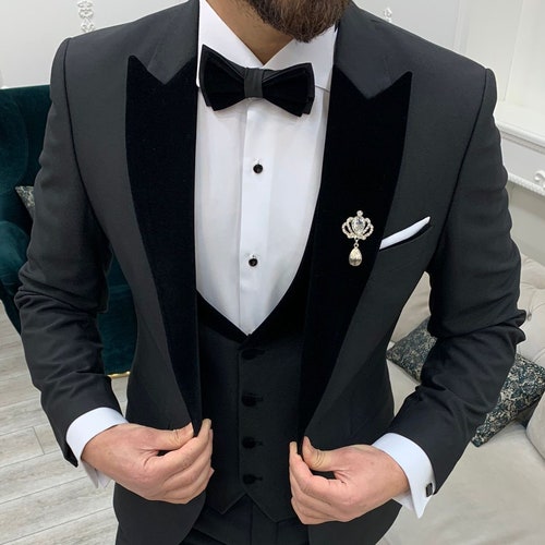 Men Suits Black Wedding Suit Black Tuxedo 3 Piece One Button - Etsy
