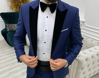 Men Blue Suits ~ Wedding Suit ~ 3 Piece Suits ~ Prom Suits, One Button Cummerbund Tuxedo, Blue Slim Fit Peak Lapel Cummerbund Tuxedo