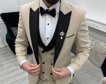 Beige Slim Fit Tuxedo: Men's 3-Piece Peak Lapel Suit