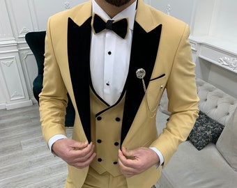 Men Suits ~ Wedding Suit ~ 3 Piece Suits ~ Prom Suits, Slim fit Peak Lapel one Button Tuxedo, Yellow Slim Fit Velvet Peak Lapel Tuxedo