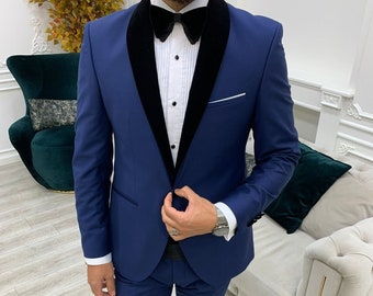 Men Blue Suits ~ Wedding Suit ~ 3 Piece Suits ~ Prom Suits, One Button Cummerbund Tuxedo, Blue Slim Fit Shawl Lapel Cummerbund Tuxedo