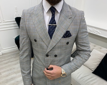 Gray Plaid Double Breasted Suit: Slim Fit Two-Piece Wedding Suit