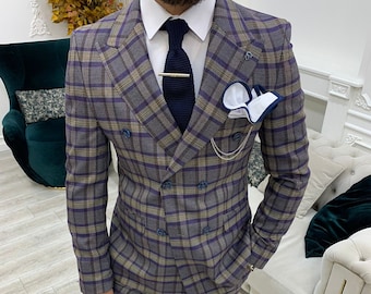 Men's Purple Plaid Suit: Slim Fit Double Breasted Peak Lapel