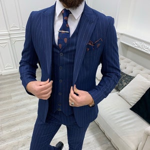 Men Suits Blue 3 Piece Slim Fit Two Button Wedding Groom Party Wear Coat Pant, Men Blue Suit, Blue Slim Fit Peak Lapel Pinstripe Suit