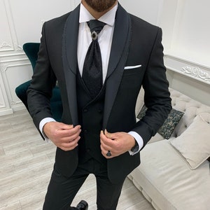 Abiti neri da uomo, 3 pezzi, vestibilità attillata, un bottone, da sposo, da festa, giacca e pantalone, bavero a scialle, abito da sposa nero, vestibilità attillata, bavero a scialle