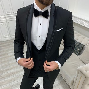 Black Suits Black 3 Piece Slim Fit One Button Wedding Groom Party Wear Coat Pant, Black Suit, Men Black Suit, Black Slim Fit Suit