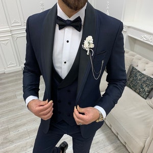 Costumes bleu marine 3 pièces coupe slim bleu marine à un bouton pour mariage, tenue de soirée pour le marié, costume bleu marine, costume bleu marine pour homme, costume bleu marine coupe slim