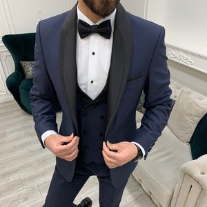 Costumes bleu marine 3 pièces coupe slim à un bouton pour mariage, tenue de soirée pour le marié, costume pour rendez-vous galant, costume bleu marine pour homme, costume de marié bleu marine