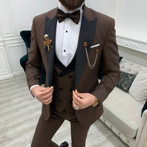 Brown Suits Men 3 Piece Slim Fit One Button Wedding Groom Party Wear Coat Pant, Peak Lapel, Brown Tux, Brown Slim Fit Peak Lapel Tuxedo