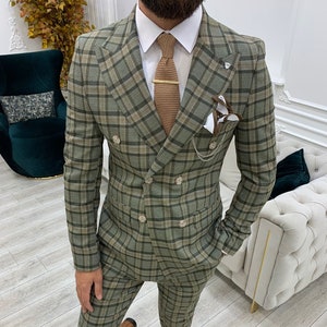 Men Suits Green 2 Piece Slim Fit Two Button Wedding Groom Party Wear Coat Pant, Peak Lapel Suit, Green Slim Fit Double Breasted Plaid Suit