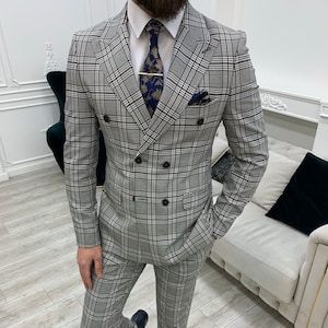 Men Suits Gray 2 Piece Slim Fit Two Button Wedding Groom Party Wear Coat Pant, Men Suit, Brown Gray Slim Fit Double Breasted Plaid Suit