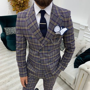 Men Suits Purple 2 Piece Slim Fit Two Button Wedding Groom Party Wear Coat Pant, Peak Lapel Suit, Purple Slim Fit Double Breasted Plaid Suit