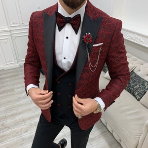 Red Suits Red 3 Piece Slim Fit One Button Wedding Groom Party Wear Coat ...