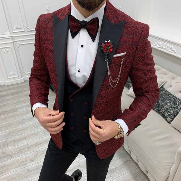 Red Suits Red 3 Piece Slim Fit One Button Wedding Groom Party Wear Coat Pant, Red Suit, Men Red Suit, Red Slim Fit Groom Suit