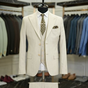 Men Suits Beige 3 Piece Slim Fit One Button Wedding Groom Party Wear Coat Pant, Beige Suit, Wedding Guest Suit, Beige Date Night Men Suit