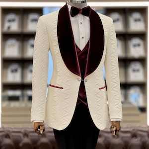 Men Suits White 3 Piece Slim Fit One Button Wedding Groom Party Wear Coat Pant, Men Tuxedo, Men Prom Suit, Black and Maroon Slim Fit Tuxedo