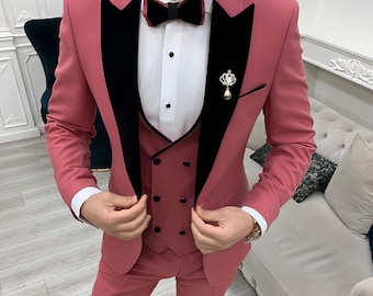 Pink Velvet Tuxedo Suit: Slim Fit Peak Lapel, 3-Piece