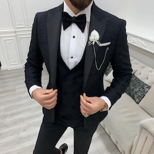 Black Suits Black 3 Piece Slim Fit One Button Wedding Groom Party Wear Coat Pant, Black Suit, Men Black Suit, Black Slim Fit Groom Suit