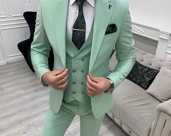 Men Suits Green 3 Piece Slim Fit Two Button Wedding Groom Party Wear Coat Pant, Peak Lapel Suit, Men Green Suit, Sage Green Slim Fit Suit