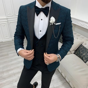 Teal Green Slim Fit Floral Tuxedo