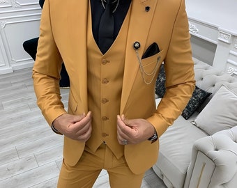 Men's Mustard Slim Fit 3 Piece Suit: Peak Lapel Wedding Groom Attire