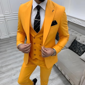 Men Suits Yellow 3 Piece Slim Fit Two Button Wedding Groom Party Wear Coat Pant, Yellow Men Suit, Yellow Slim Fit Groom Wedding Suit