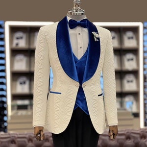 Men Suits White 3 Piece Slim Fit One Button Wedding Groom Party Wear Coat Pant, Men Tuxedo, Men Prom Suit, Black and Blue Slim Fit Tuxedo