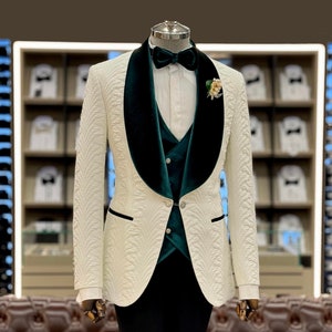 Men Suits White 3 Piece Slim Fit One Button Wedding Groom Party Wear Coat Pant, Men Tuxedo, Men Prom Suit, Black and Green Slim Fit Tuxedo