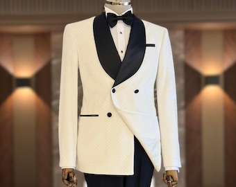 Men's White Double Breasted Slim Fit Suit: Wedding Shawl Lapel