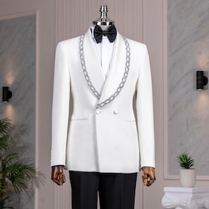 Abito da sposo da uomo doppiopetto, vestibilità italiana, vestibilità slim, con un bottone, giacca e pantaloni, collo a scialle bianco, 2 pezzi