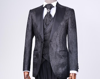 Men&#39;s Black Pattern Suit, Prom Suit for Men, Party Wear Tuxedo Suit, Date Night Suit, Groom 3 Piece Wedding Suit, Black Peak Lapel Tuxedo