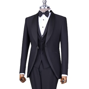 Men Suits Black 3 Piece Slim Fit One Button Wedding Groom Party Wear Coat Pant, Men Tuxedo, Men Prom Suit, Black Slim Fit Tuxedo
